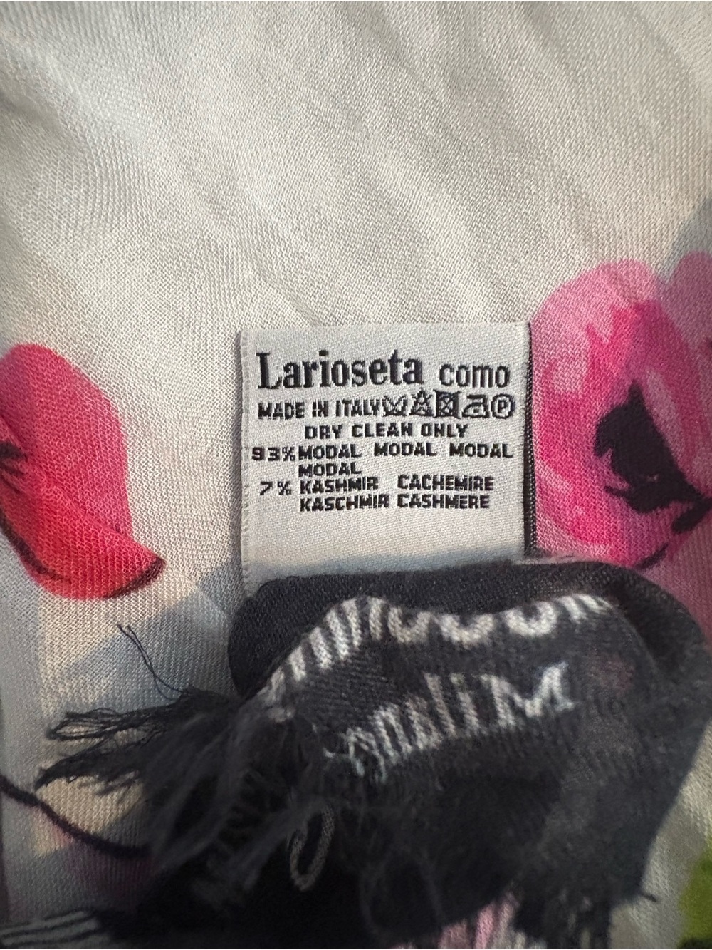 Moschino White Scarf with Black Logo and Pink Floral Accents - Picture 4 of 4